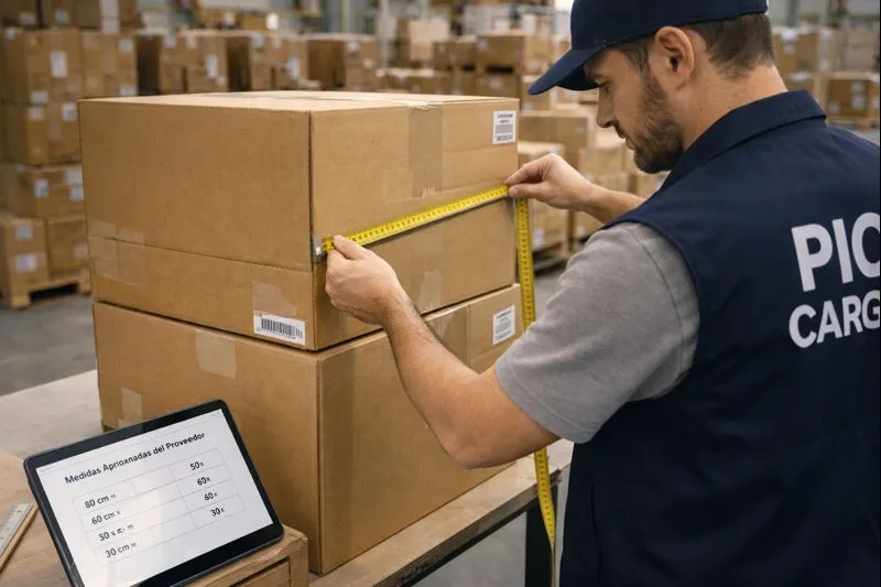 Cajas medidas y cálculo de volumen real en almacén